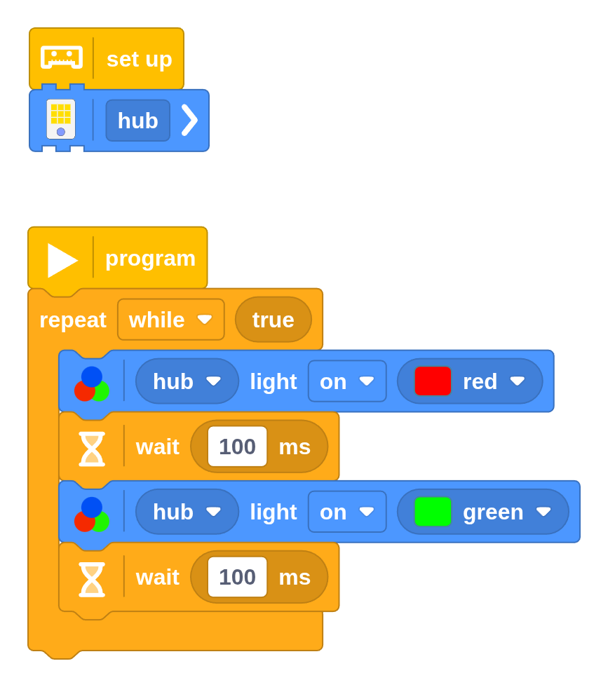 Blinking the hub light forever with the Conditional Repeat block.
If you leave the 'while True' condition unchanged, it just
repeats the blocks placed within it forever.