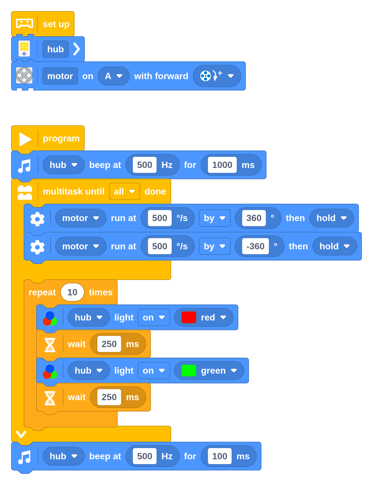With multiple Start blocks, you essentially make two whole programs
run separately at the same time. With the Multitask block, you choose where
multitasking begins and ends, which is more practical in most cases.