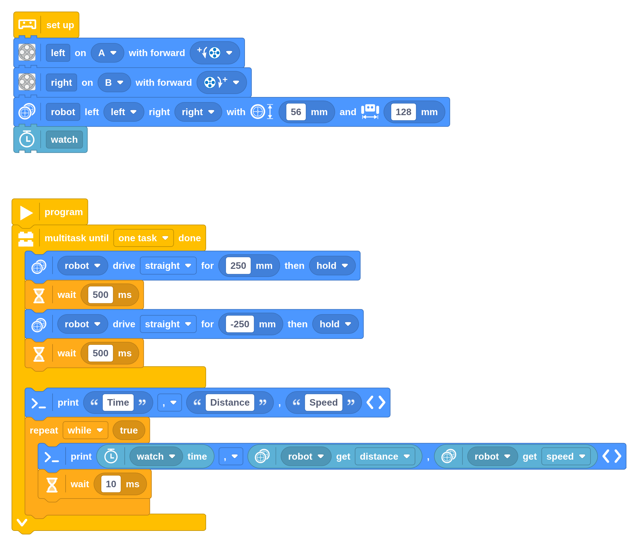 Recording movement. This uses the Multitask block to drive and record
values at the same time. It is configured to run until <i>one task</i> completes
so that data recording stops when the experiments ends.