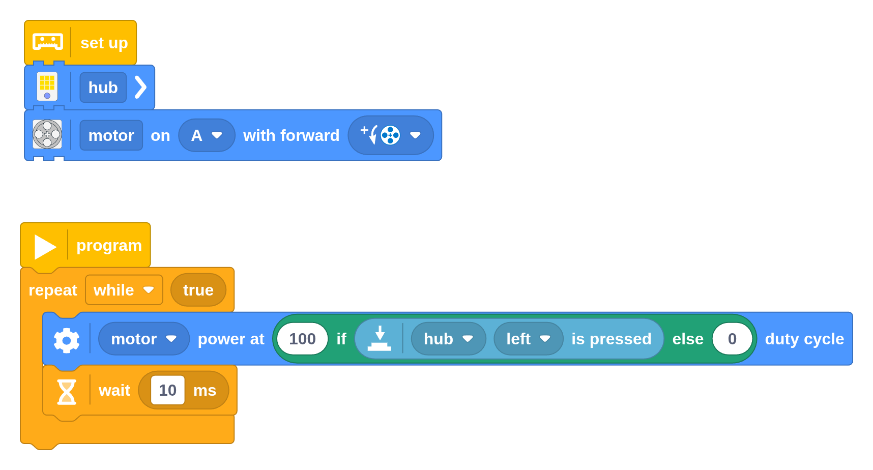 The
Conditional Value block selects one of two values based on a condition. You can understand
the resulting value by just reading it from left to right: It drives at a speed
of 100 if the distance if bigger than 300 and at -100 otherwise.