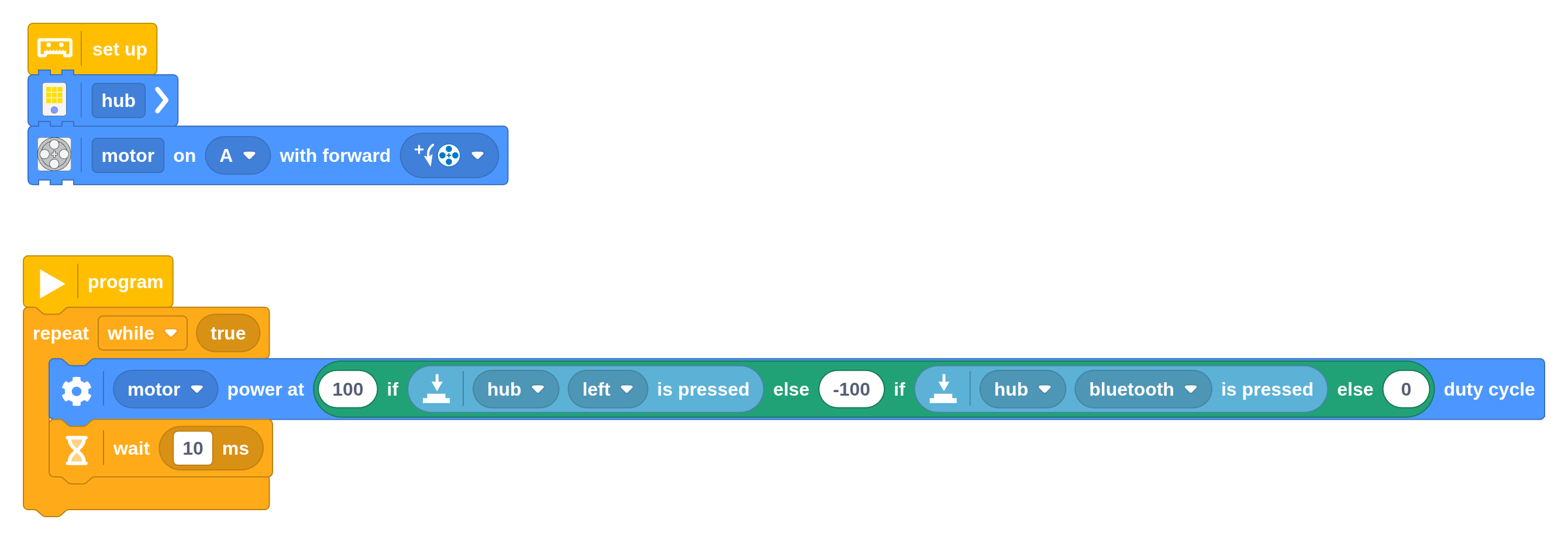 This program lets you control a motor with the hub buttons. For
comparison, create the same program with If-else blocks and see which one you
prefer.