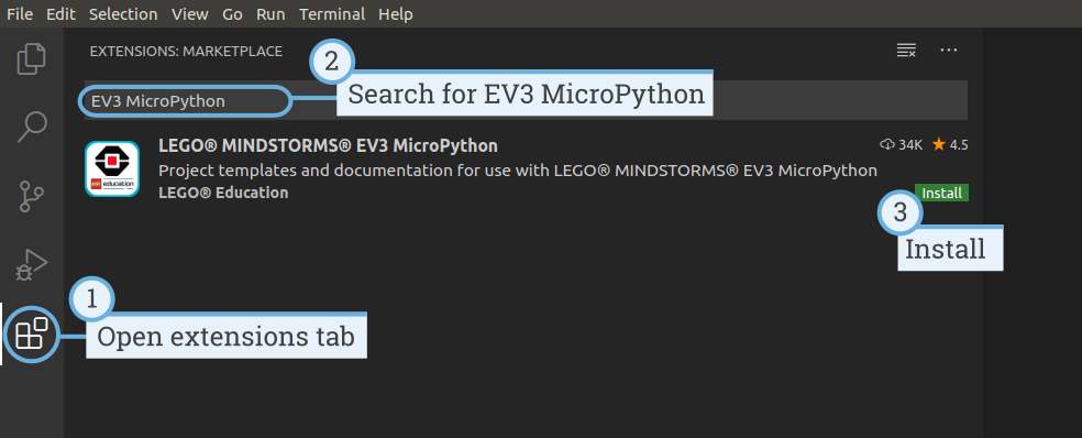 Installing the EV3 MicroPython extension